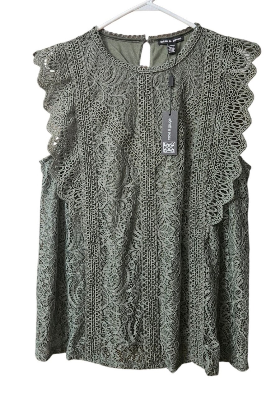 Cable & Gauge Textured Lace Sleeveless Top NEW Size XL Olive Lined
